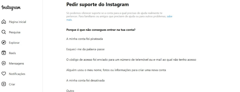 Recuperar a conta do Instagram