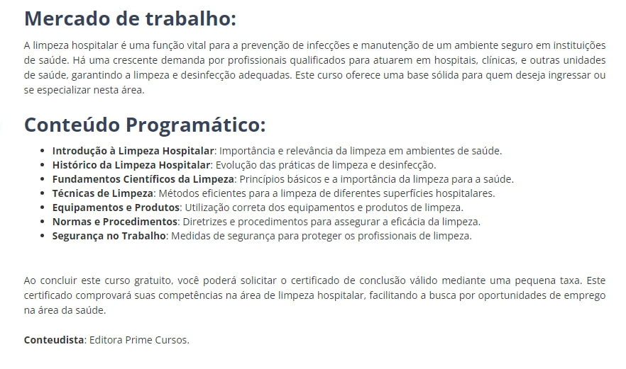 Curso de Auxiliar de Limpeza Hospitalar