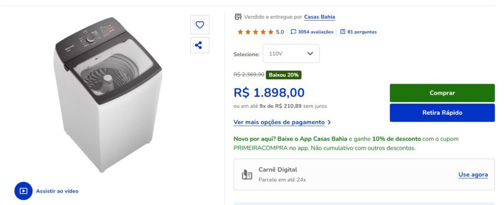 Máquina de lavar roupas na promoção