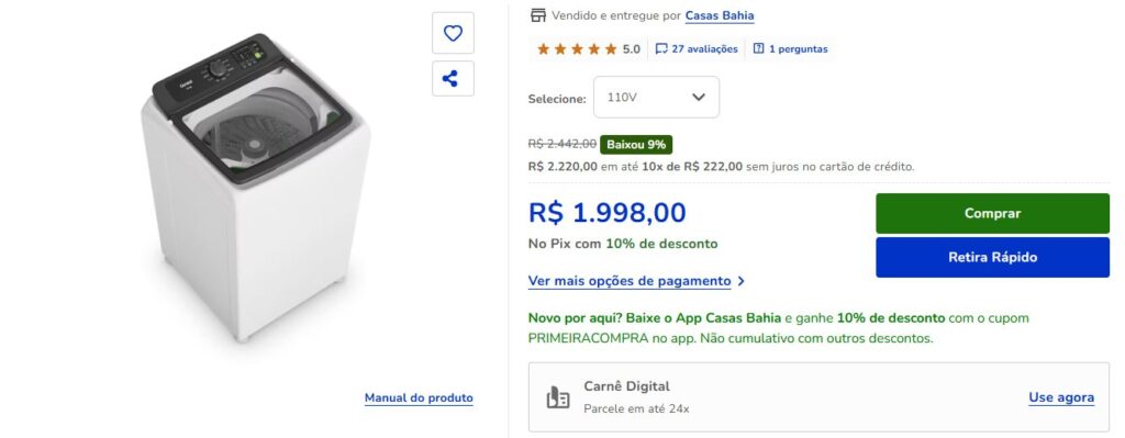 Máquina de lavar roupas na promoção