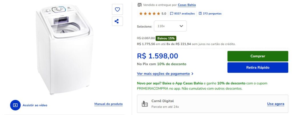 Máquina de lavar roupas na promoção