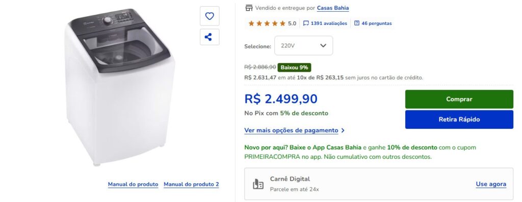 Máquina de lavar roupas na promoção