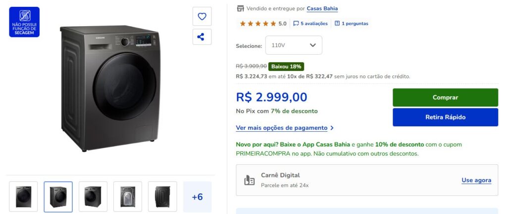 Máquina de lavar roupas na promoção