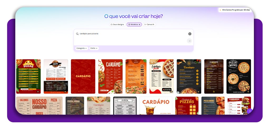 Cardápio para pizzaria