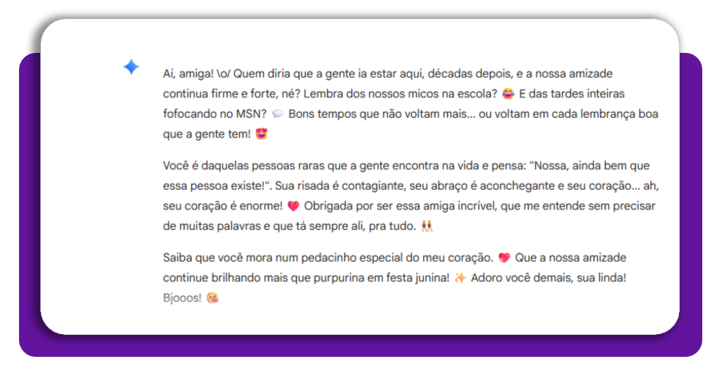Como criar um depoimento virtual do Orkut nos dias de hoje 3 Interface do Gemini com exemplo de depoimento nostálgico do Orkut gerado pela IA