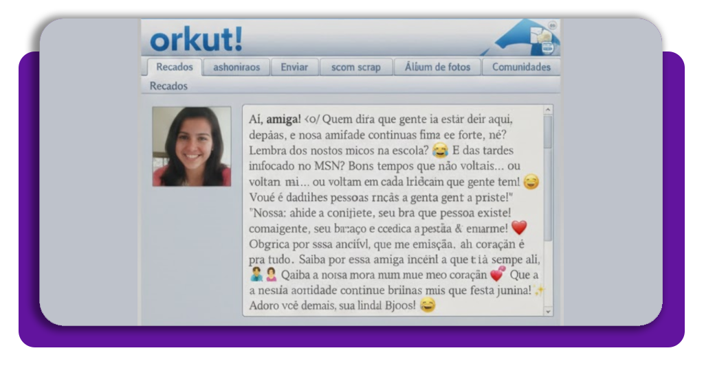 Como criar um depoimento virtual do Orkut nos dias de hoje 4 Exemplo de imagem gerada pela IA imitando o design visual do Orkut com depoimento