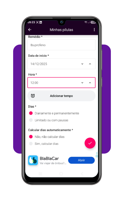 Baixe o app grátis feito para idosos que vivem ou ficam sozinhos 3 Tela de configuração do medicamento no app com campos para preencher