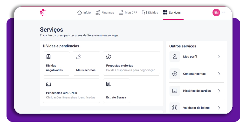 App gratuito mostra se os seus dados foram parar na Dark Web 4 Tela inicial do app Serasa destacando a seção Serviços