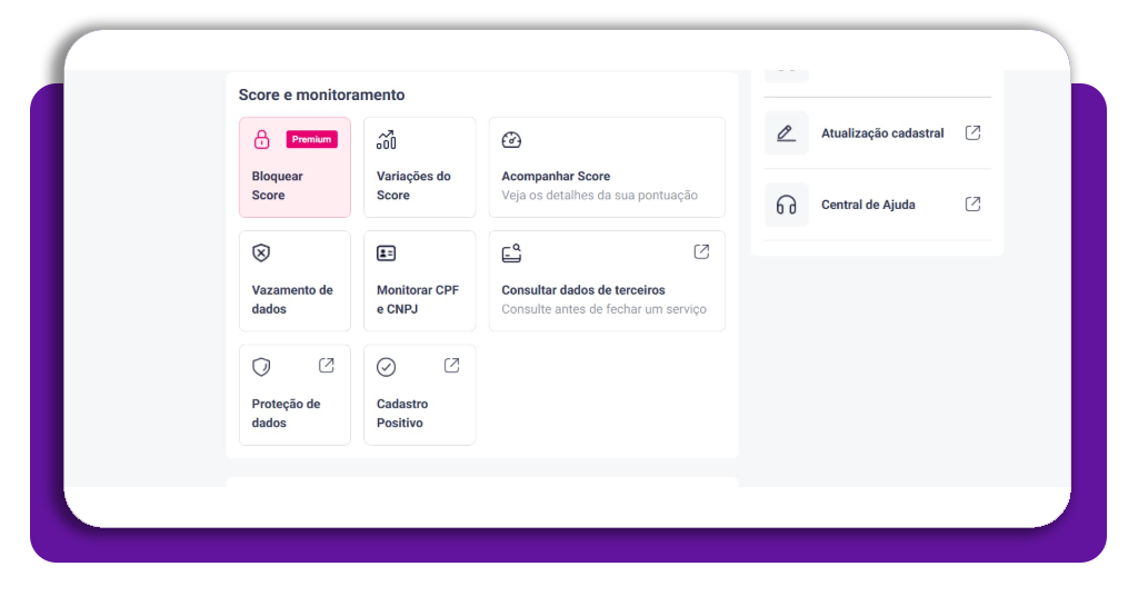App gratuito mostra se os seus dados foram parar na Dark Web 5 Tela do app Serasa com opções Score e monitoramento e Vazamento de dados