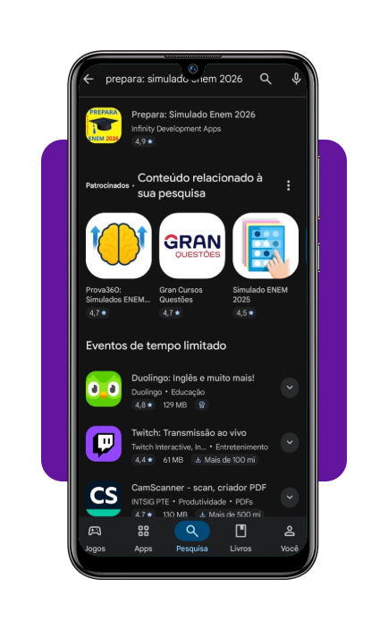 Simulador do Enem 2026 gratuito para treinar em casa: baixe agora 2 Tela de instalação do aplicativo Prepara: Simulado Enem 2026 na Google Play Store
