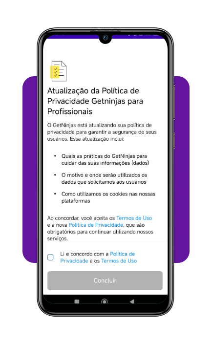 Aceitando termos e políticas do GetNinjas