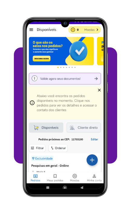 Visualizando pedidos e comprando moedas no GetNinjas