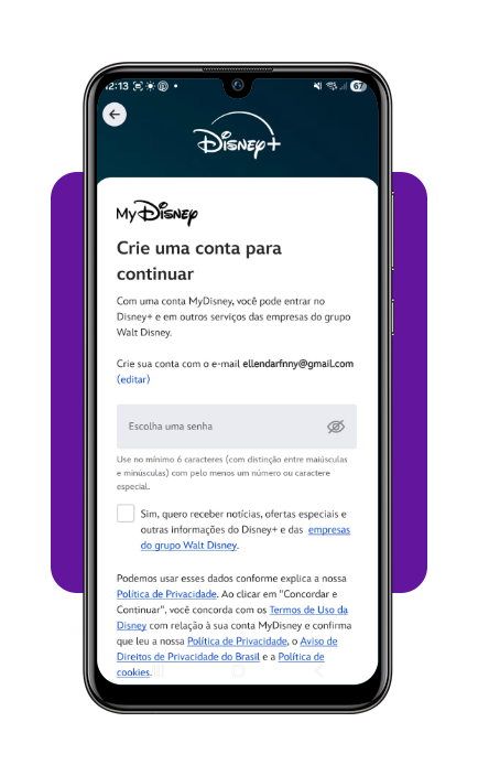 Assista esportes americanos ao vivo no celular e TV — NBA, NFL e mais 3 Passo 2 para criar conta no Disney+ — tela de criação de senha