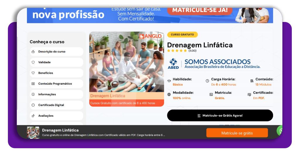 Curso grátis de drenagem linfática para trabalhar de casa 1 Passo 1 para se inscrever no curso grátis de drenagem linfática