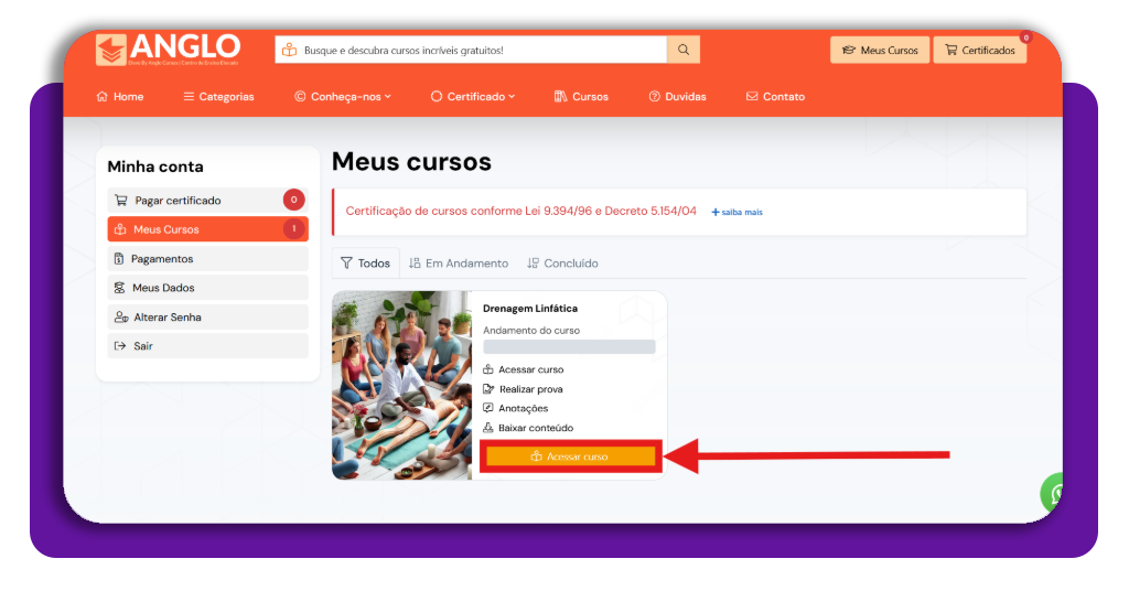 Curso grátis de drenagem linfática para trabalhar de casa 3 Passo 3 para acessar o conteúdo do curso de drenagem linfática