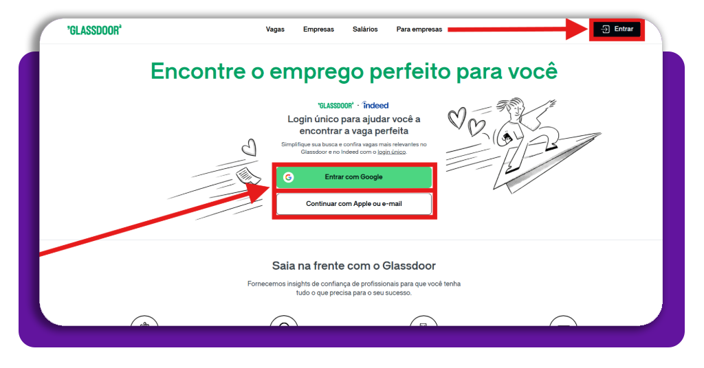 Aplicativo para encontrar vagas para começar a trabalhar rápido 2 Passo 1 login no Glassdoor