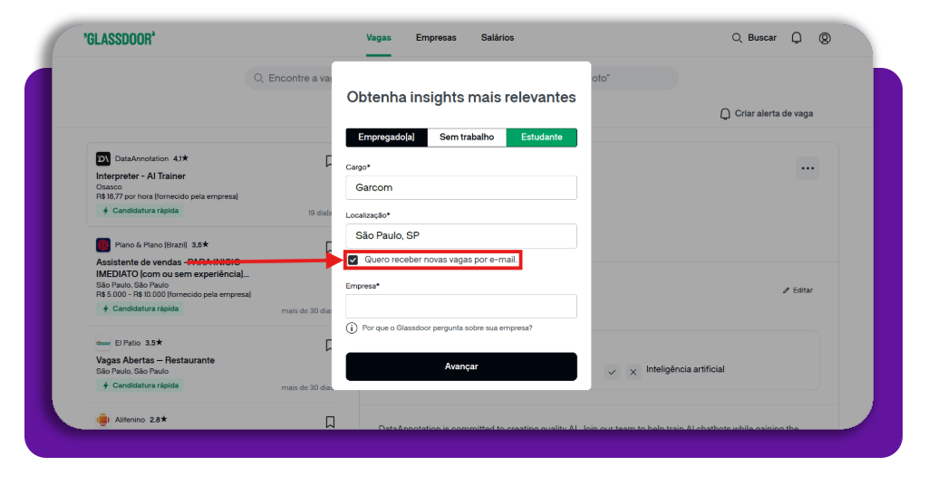 Aplicativo para encontrar vagas para começar a trabalhar rápido 3 Passo 2 configuração inicial no Glassdoor