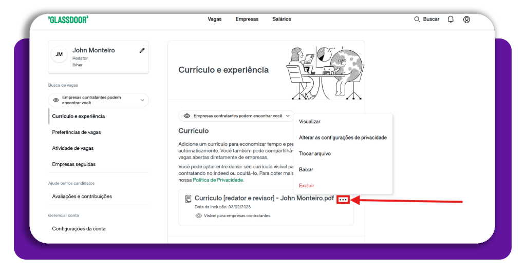 Aplicativo para encontrar vagas para começar a trabalhar rápido 5 Passo 4 upload do currículo no Glassdoor