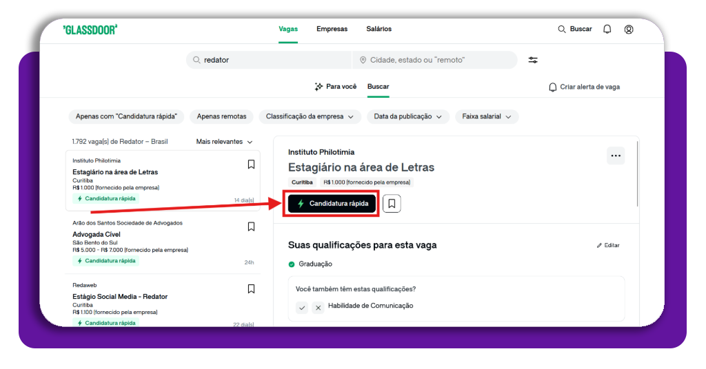 Aplicativo para encontrar vagas para começar a trabalhar rápido 7 Passo 6 envio da candidatura no Glassdoor