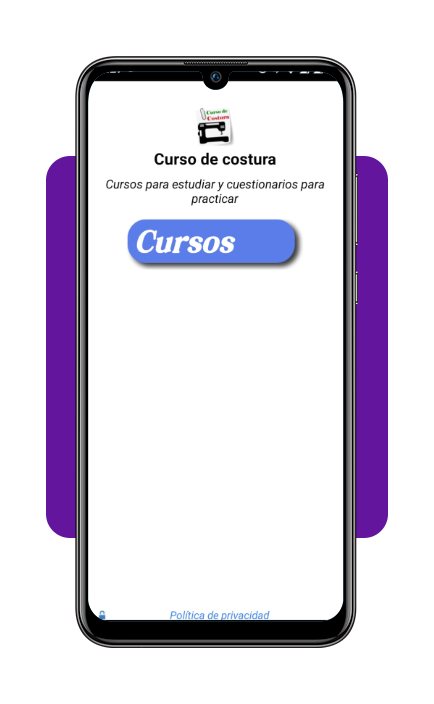 Tela inicial do app Curso de Costura com o botão Cursos