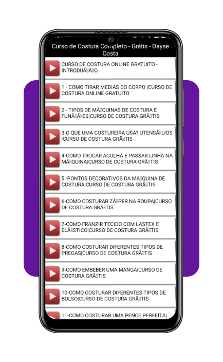 Seleção de tópico de aprendizado no app Curso de Costura