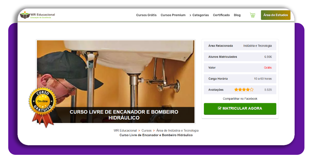 Curso de encanador de emergência certificado para trabalhar 1 Página de matrícula do curso de encanador de emergência na WR Educacional