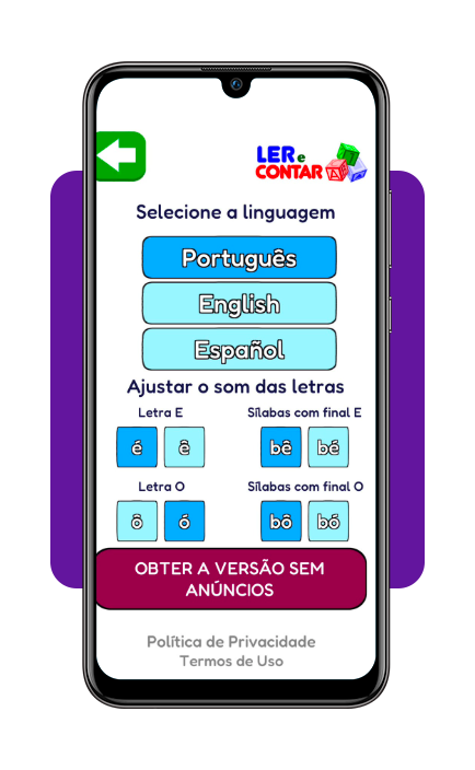 App de alfabetização rápida de adultos: aprenda a ler em poucos meses 5 Tela de configurações do app Ler e Contar
