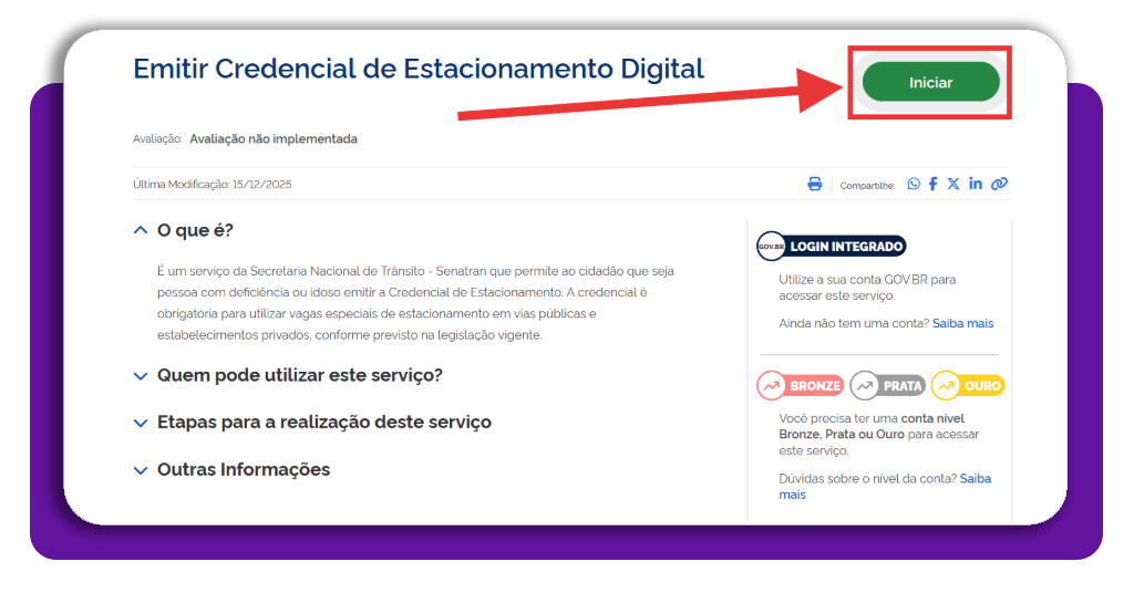 Consultar cartão de estacionamento para idoso e PcD pelo celular 1 Tela inicial do portal Gov.br para emissão da credencial de estacionamento