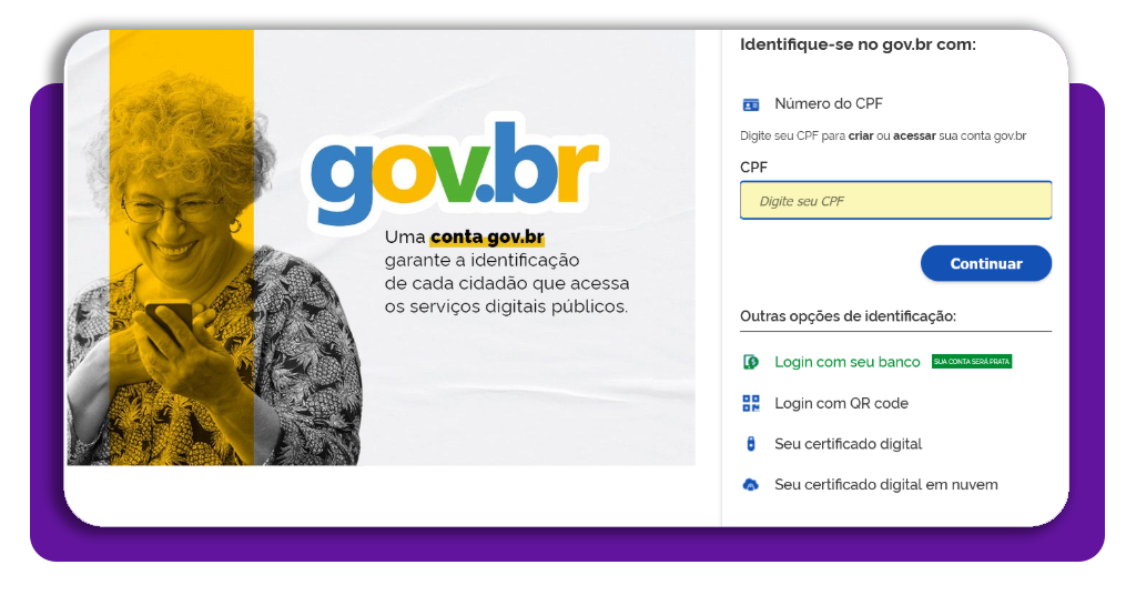 Consultar cartão de estacionamento para idoso e PcD pelo celular 2 Tela de login da conta Gov.br com campos de CPF e senha