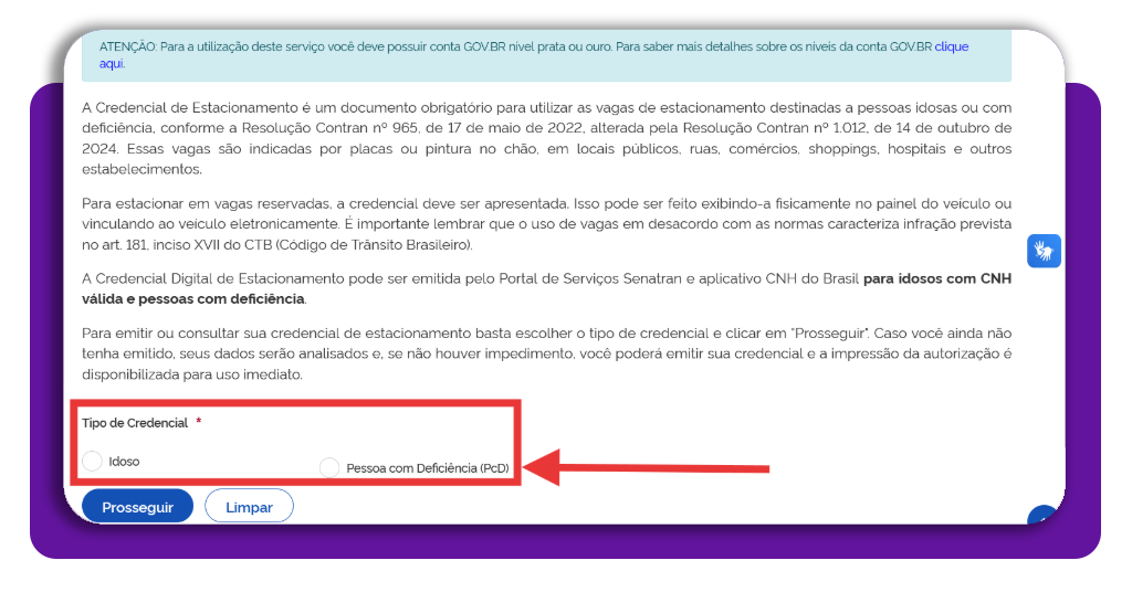 Consultar cartão de estacionamento para idoso e PcD pelo celular 4 Tela de seleção do tipo de credencial de estacionamento: idoso ou PcD