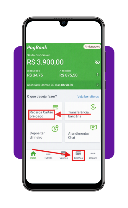 App para solicitar cartão de crédito para negativado sem anuidade 4 Menu de cartões no app PagBank