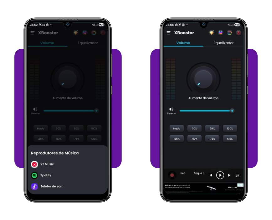 Tela do app Aumentar volume do celular mostrando a seleção de mídia