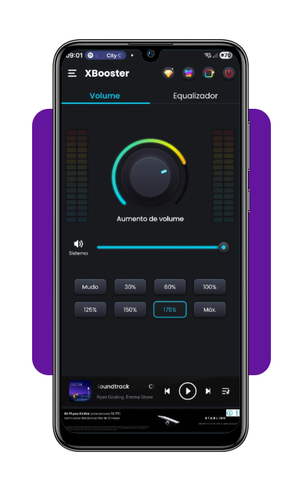 Tela do app Aumentar volume do celular mostrando o controle de porcentagem de volume