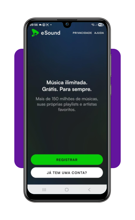 Tela de registro do eSound Music