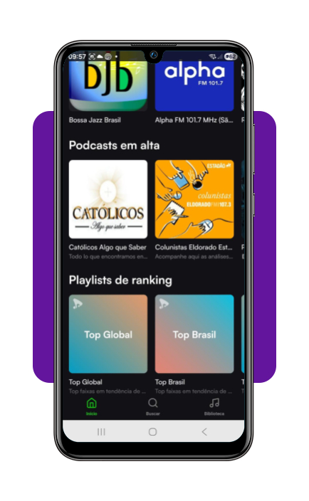 Seção Podcasts em alta no eSound Music