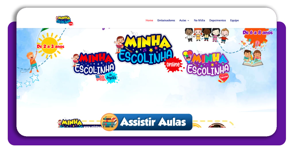 Tela inicial do site Minha Escolinha Online com botão Assistir Aulas