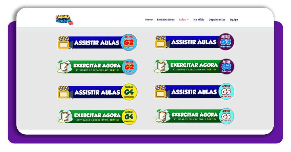 Seleção de conteúdo por faixa de idade no site Minha Escolinha Online