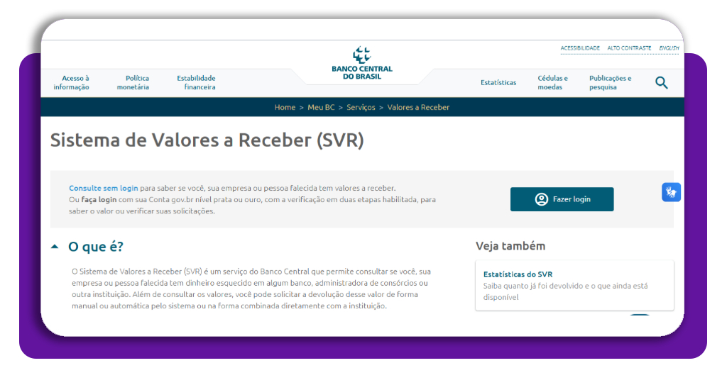 Tela inicial do site Valores a Receber do Banco Central
