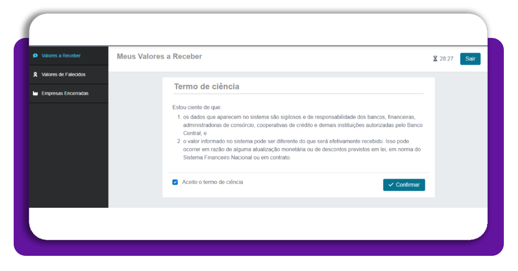 Tela de seleção de Valores a Receber no SVR Banco Central