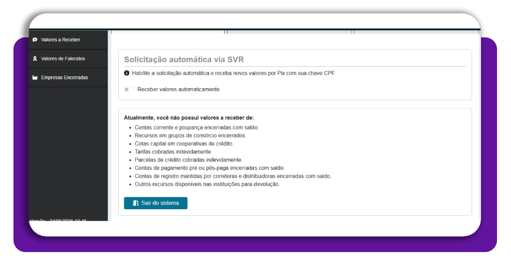 Resultado da consulta de valores a receber no sistema do Banco Central