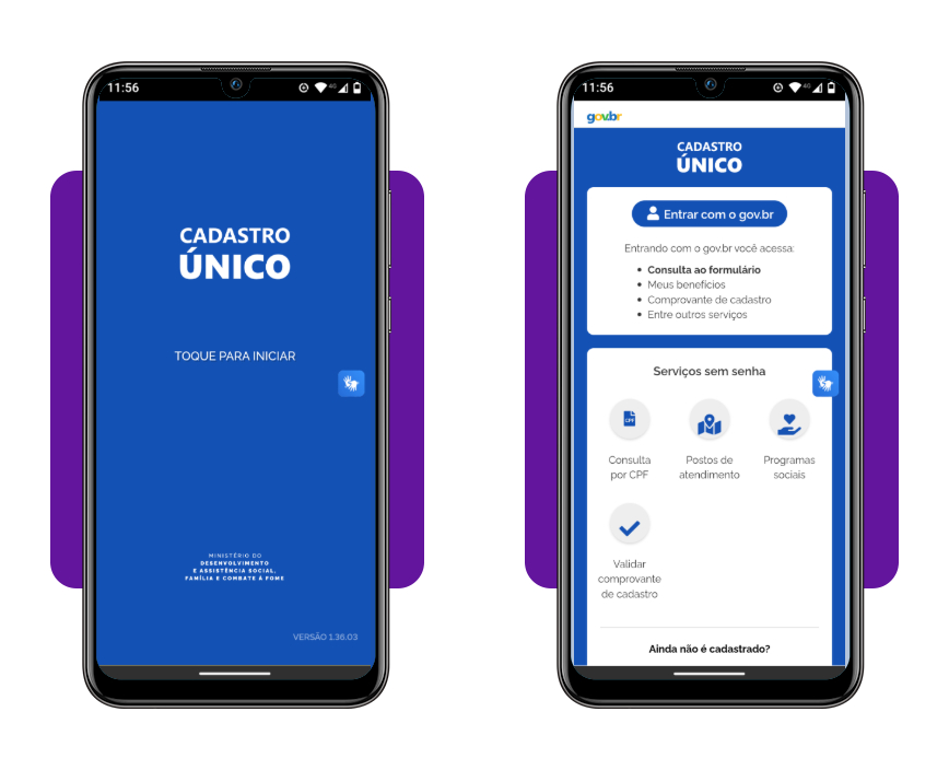 Descubra se você pode receber auxílio-base de R$ 600,00 com seu CPF 2 Tela de login do app CadÚnico com opção Entrar com gov.br