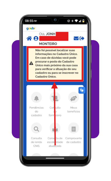 Descubra se você pode receber auxílio-base de R$ 600,00 com seu CPF 3 Tela principal do app CadÚnico mostrando alerta de cadastro