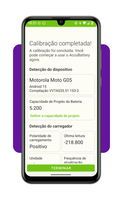 Tela inicial do AccuBattery com botão Terminar em verde