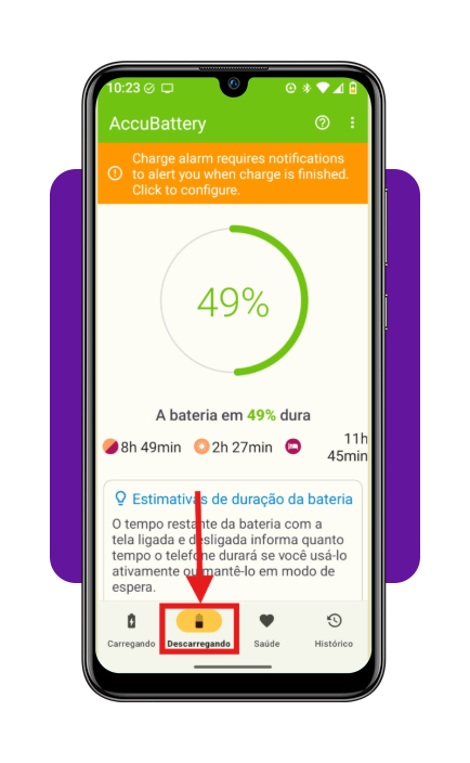 Tela do AccuBattery mostrando resultados de descarregamento da bateria