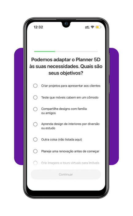 Tela inicial do Planner 5D com perguntas de personalização