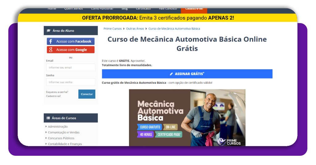 Tela inicial do curso de mecânico de moto na plataforma Prime Cursos