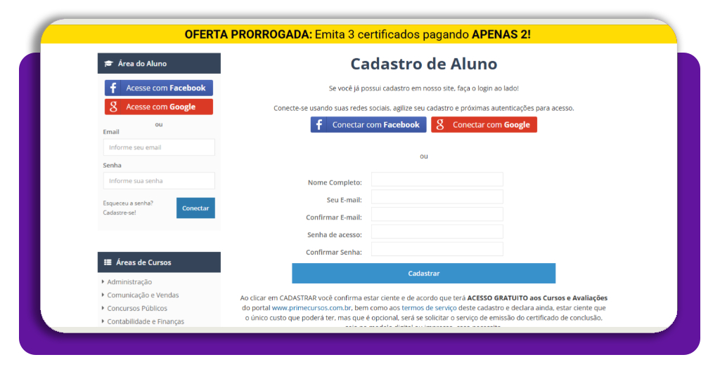 Tela de cadastro gratuito na plataforma Prime Cursos