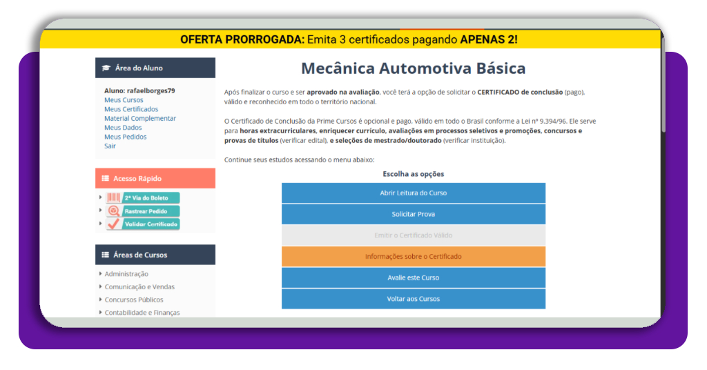 Módulos do curso de mecânica automotiva básica na Prime Cursos