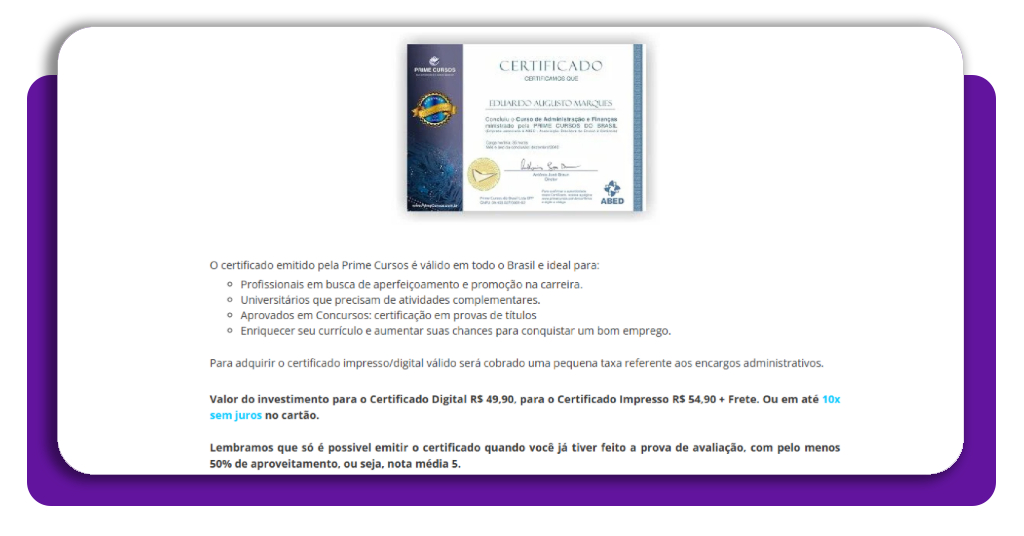 Certificado digital do curso de mecânico de moto na Prime Cursos