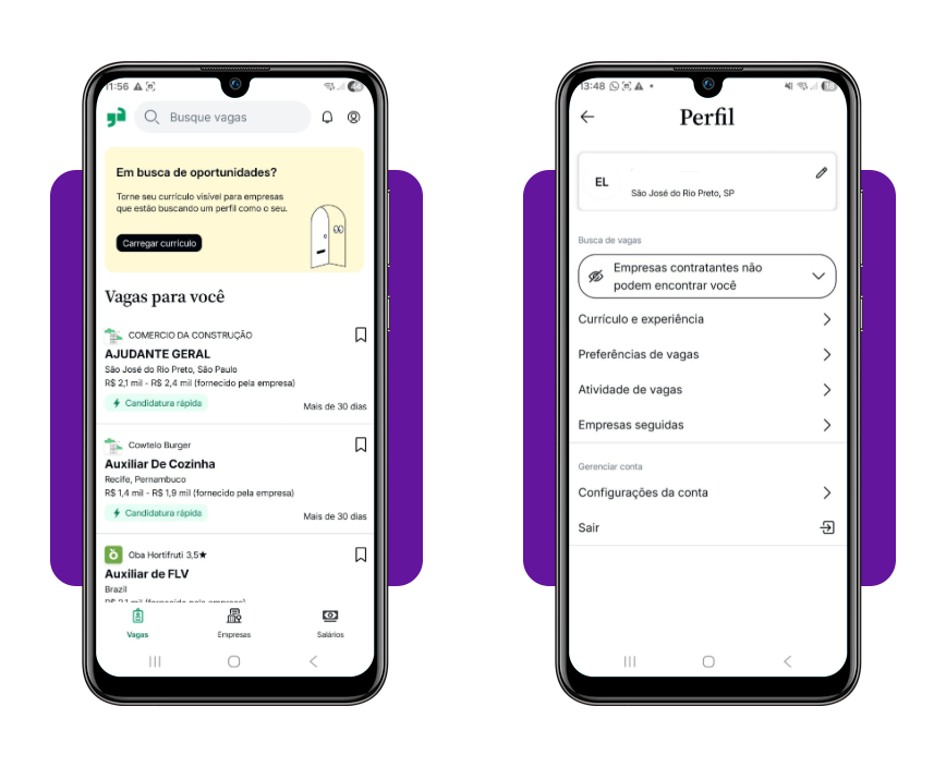 Tela do Glassdoor mostrando o ícone de perfil e a opção Currículo e experiência